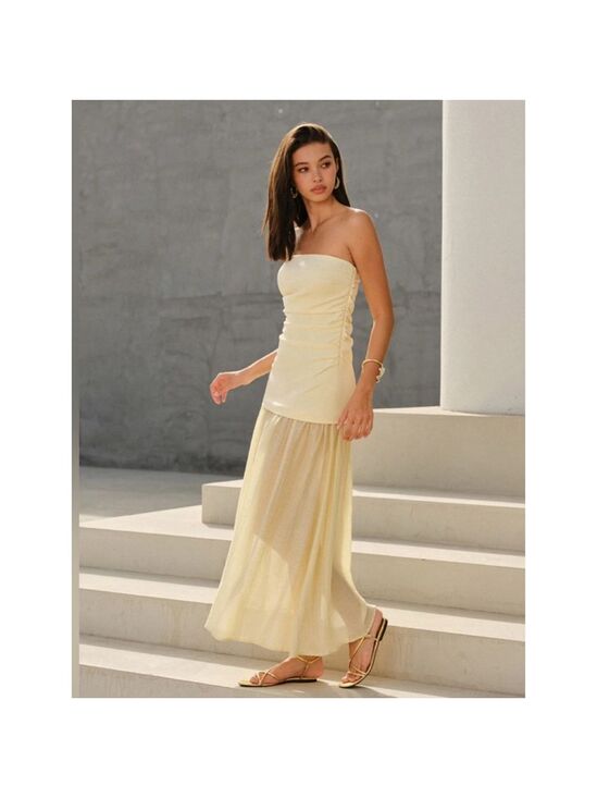 Commense Dresses & Skirts - NWT Commense Light Yellow Semi-Sheer Strapless Ruched Maxi Dress M